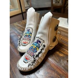 Vintage Moccasin Beaded Thunderbird Concho Ankle Boot Taos White Leather Size 55